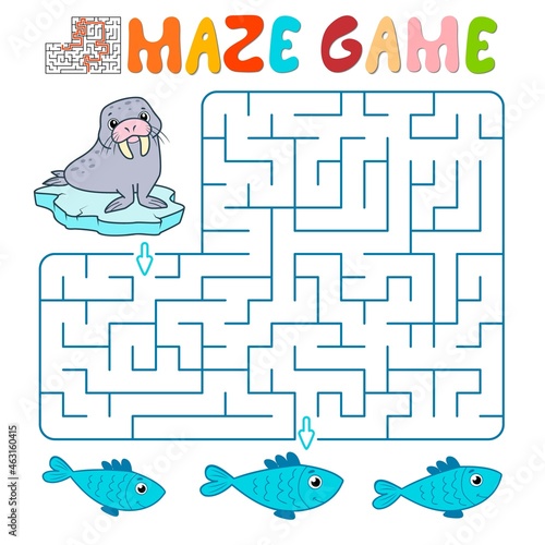 Maze puzzle game for children. Maze or labyrinth game with walrus.