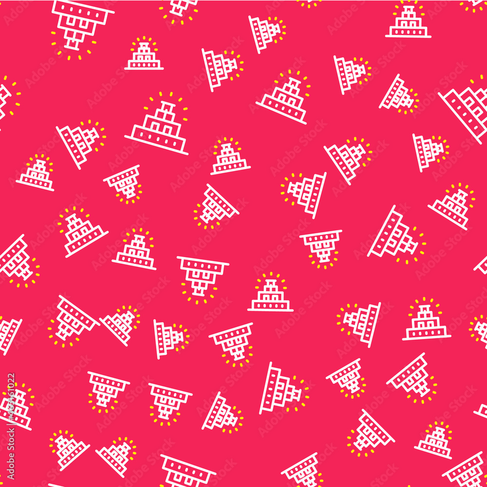 Line Chichen Itza in Mayan icon isolated seamless pattern on red background. Ancient Mayan pyramid. Famous monument of Mexico. Vector Line Chichen Itza in Mayan icon isolated seamless pattern on red background. Ancient Mayan pyramid. Famous monument of Mexico. Vector