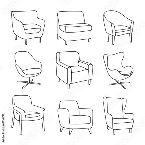 Hand-drawn chair set - different types of chairs on white. Icons in cartoon style