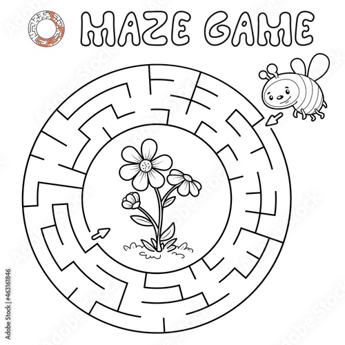 Maze puzzle game for children. Outline circle maze or labyrinth game with bee.