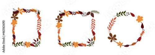 Cute square and round autumn frames with leaves and berries. Templates for seasonal design, invitations, greeting cards. Vector illustration.