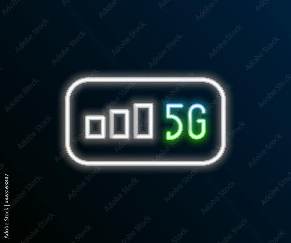 Glowing neon line 5G new wireless internet wifi connection icon isolated on black background. Global network high speed connection data rate technology. Colorful outline concept. Vector Glowing neon line 5G new wireless internet wifi connection icon isolated on black background. Global network high speed connection data rate technology. Colorful outline concept. Vector