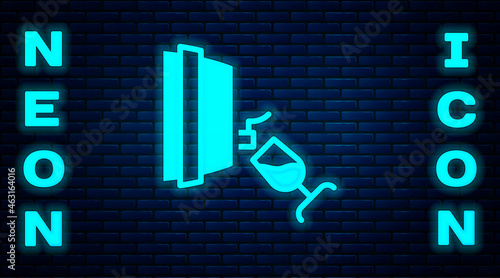 Glowing neon Wine tasting, degustation icon isolated on brick wall background. Wooden barrel for wine with glass. Vector