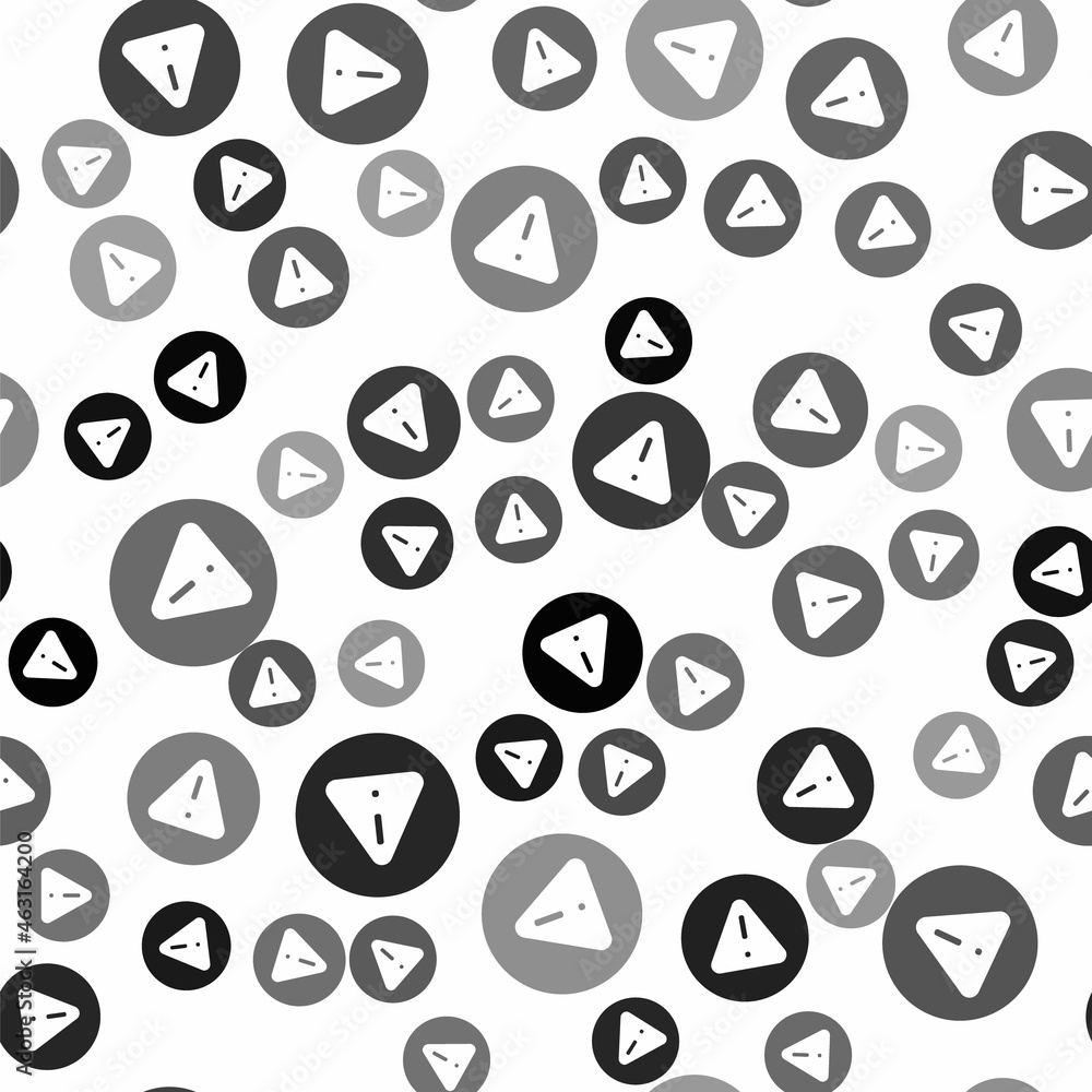 Black Exclamation mark in triangle icon isolated seamless pattern on white background. Hazard warning sign, careful, attention, danger warning important. Vector