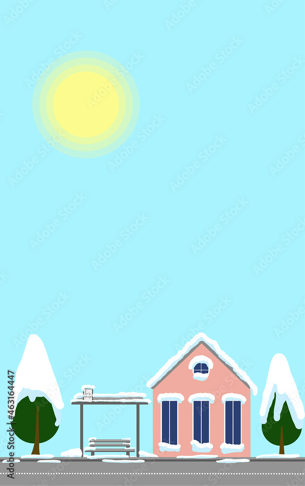 town postcards winter landscape bus stop and house vertical template for greeting card Merry Christmas town postcards winter landscape bus stop and house vertical template for greeting card Merry Christmas