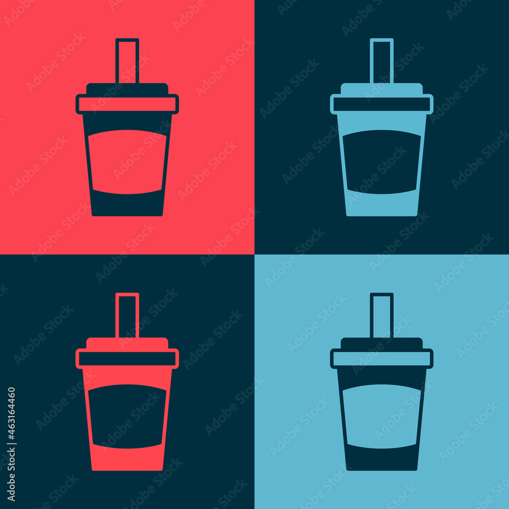 Pop art Paper glass with drinking straw and water icon isolated on color background. Soda drink glass. Fresh cold beverage symbol. Vector Pop art Paper glass with drinking straw and water icon isolated on color background. Soda drink glass. Fresh cold beverage symbol. Vector