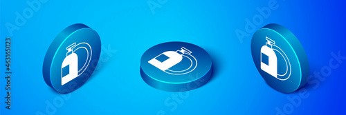 Isometric Dishwashing liquid bottle and plate icon isolated on blue background. Liquid detergent for washing dishes. Blue circle button. Vector