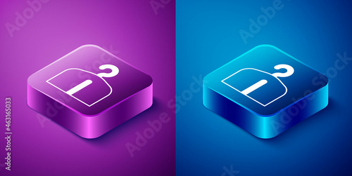 Isometric Hanger wardrobe icon isolated on blue and purple background. Cloakroom icon. Clothes service symbol. Laundry hanger sign. Square button. Vector