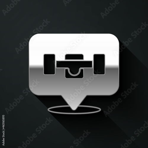 Silver Skateboard wheel icon isolated on black background. Skateboard suspension. Skate wheel. Long shadow style. Vector