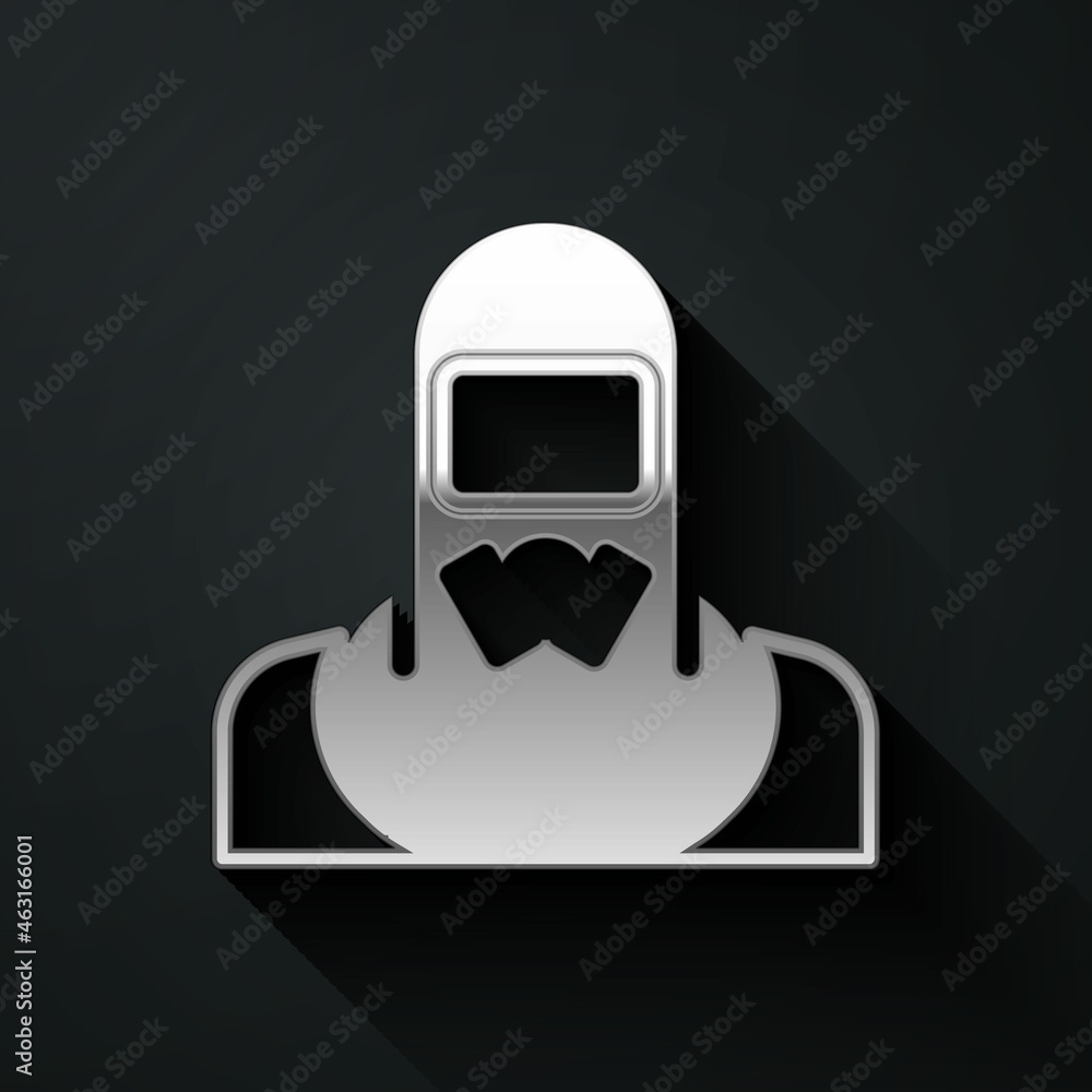 Silver Nuclear power plant worker wearing protective clothing icon isolated on black background. Nuclear reactor worker. Long shadow style. Vector Silver Nuclear power plant worker wearing protective clothing icon isolated on black background. Nuclear reactor worker. Long shadow style. Vector