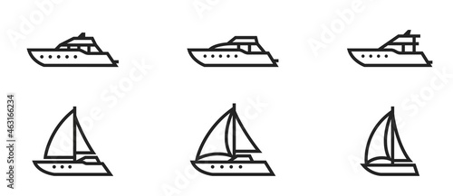 motor and sailing yachts line icon set. boats for sea travel
