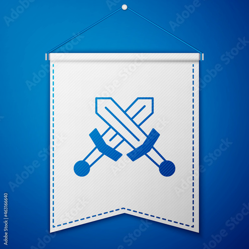 Blue Crossed medieval sword icon isolated on blue background. Medieval weapon. White pennant template. Vector