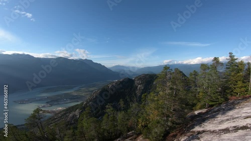Aerial Drone Video of Mountains, Squamish City, Howe sound from the sea to sky gondola in Squamish, British Columbia, Canada photo