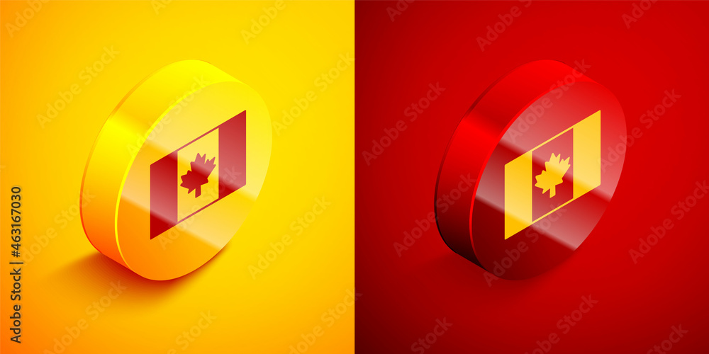 Isometric Flag of Canada icon isolated on orange and red background. North America country flag on flagpole. Circle button. Vector Isometric Flag of Canada icon isolated on orange and red background. North America country flag on flagpole. Circle button. Vector