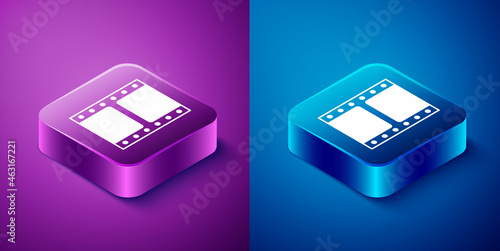 Isometric Play video icon isolated on blue and purple background. Film strip sign. Square button. Vector