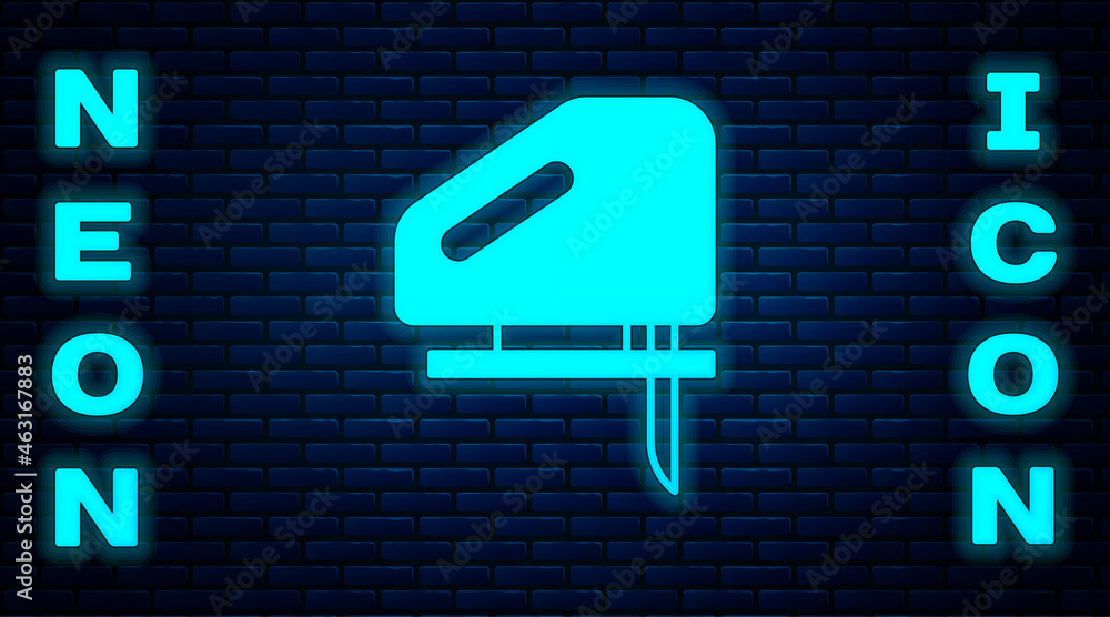 Glowing neon Electric jigsaw with steel sharp blade icon isolated on brick wall background. Power tool for woodwork. Vector Glowing neon Electric jigsaw with steel sharp blade icon isolated on brick wall background. Power tool for woodwork. Vector