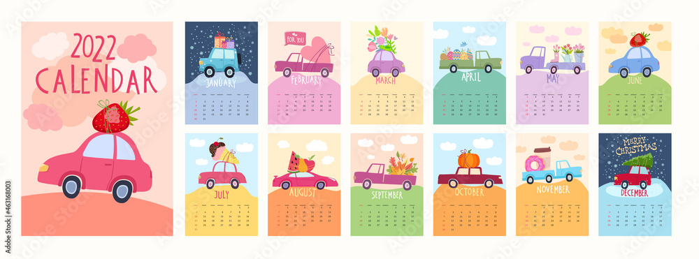 Monthly new year 2022 calendar template with cars in cartoon style. Delivery by cars concept Monthly new year 2022 calendar template with cars in cartoon style. Delivery by cars concept