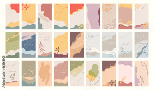 Big set of editable layout templates for social media story posts, mobile apps, banner or flyer design. Textured background with trendy color shapes, hand drawn leaves and flowers