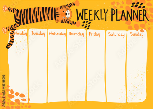 Weekly planner with cute tiger in cartoon style. Kids schedule design template