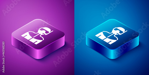 Isometric Wetsuit for scuba diving icon isolated on blue and purple background. Diving underwater equipment. Square button. Vector