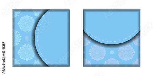 Template Greeting card in blue color with Indian white pattern prepared for printing.