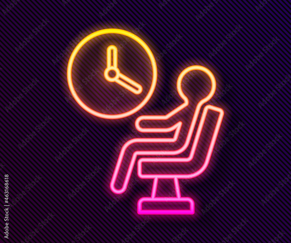 Glowing neon line Human waiting in airport terminal icon isolated on black background. Vector Glowing neon line Human waiting in airport terminal icon isolated on black background. Vector