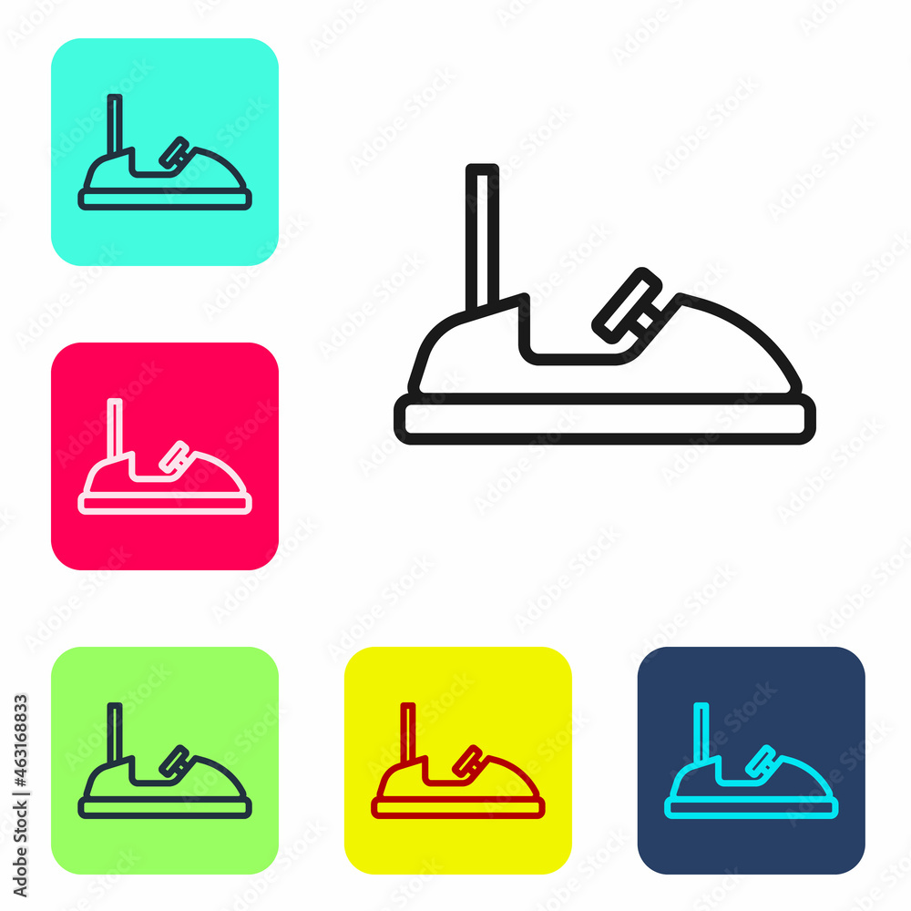 Black line Bumper car icon isolated on white background. Amusement park. Childrens entertainment playground, recreation park. Set icons in color square buttons. Vector Black line Bumper car icon isolated on white background. Amusement park. Childrens entertainment playground, recreation park. Set icons in color square buttons. Vector