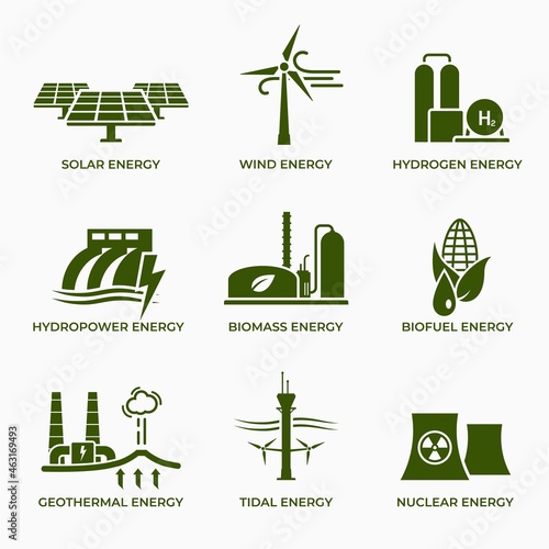 green energy icon set. eco friendly, sustainable, renewable and alternative power symbols