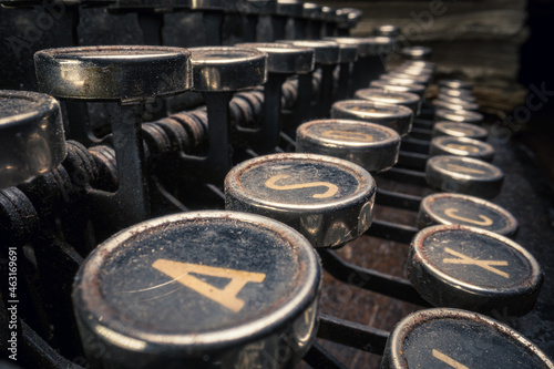 Antique machine to write. Office equipment. Keyboard of vintage typewriter.