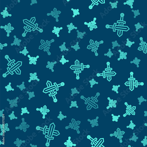 Green line Crossed medieval sword icon isolated seamless pattern on blue background. Medieval weapon. Vector
