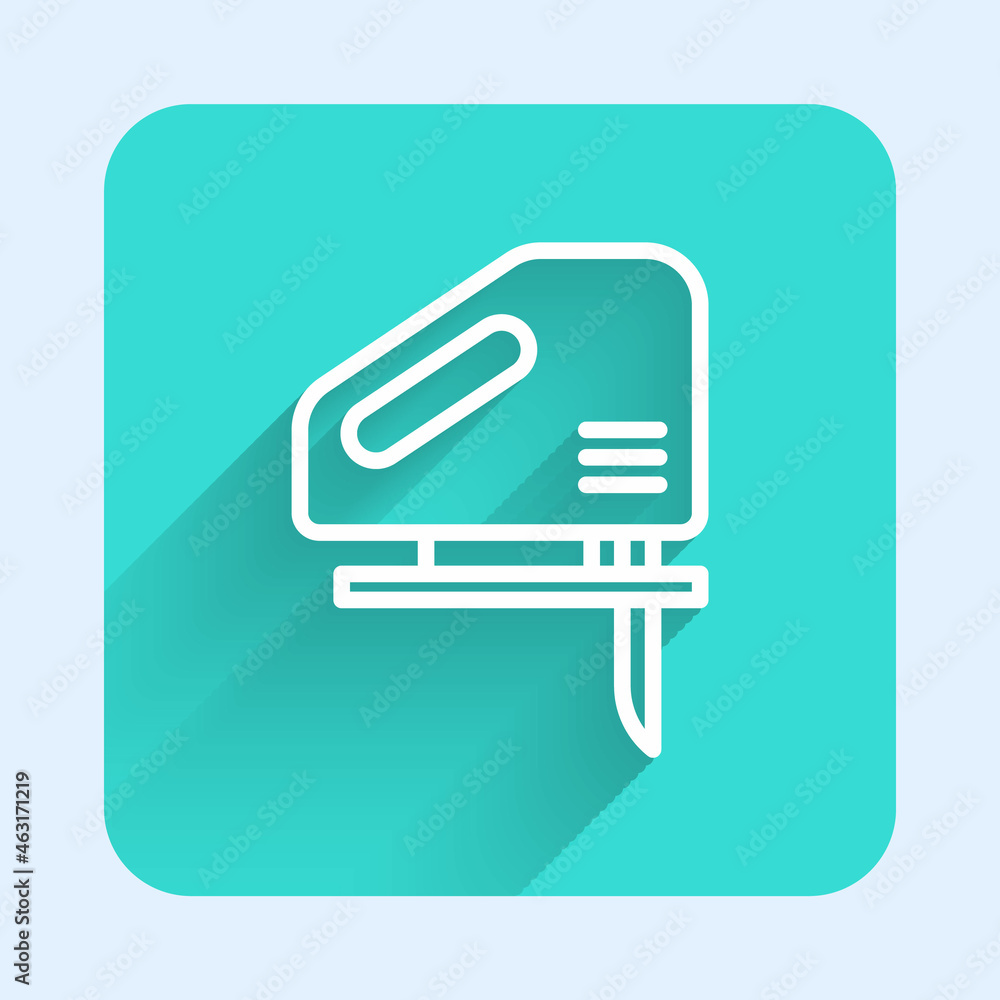 White line Electric jigsaw with steel sharp blade icon isolated with long shadow background. Power tool for woodwork. Green square button. Vector White line Electric jigsaw with steel sharp blade icon isolated with long shadow background. Power tool for woodwork. Green square button. Vector