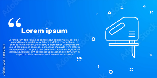White line Electric jigsaw with steel sharp blade icon isolated on blue background. Power tool for woodwork. Vector