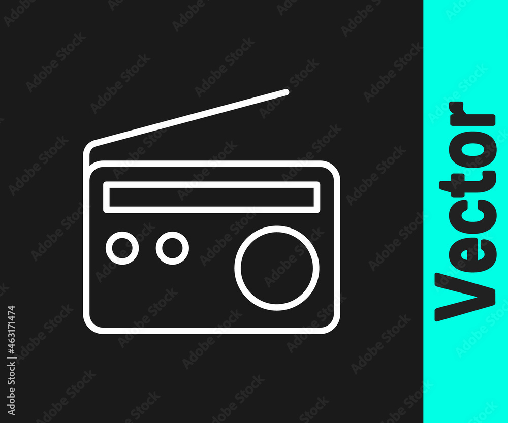 White line Radio with antenna icon isolated on black background. Vector White line Radio with antenna icon isolated on black background. Vector