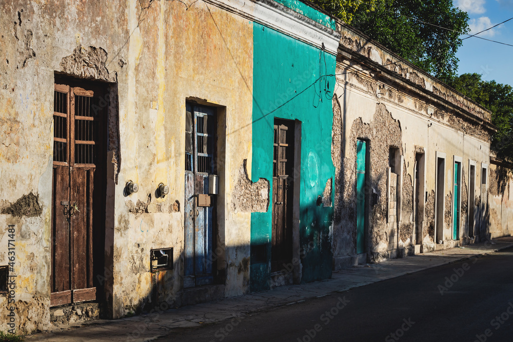 Abadoned colorful colonial house facades in Merida, Mexico