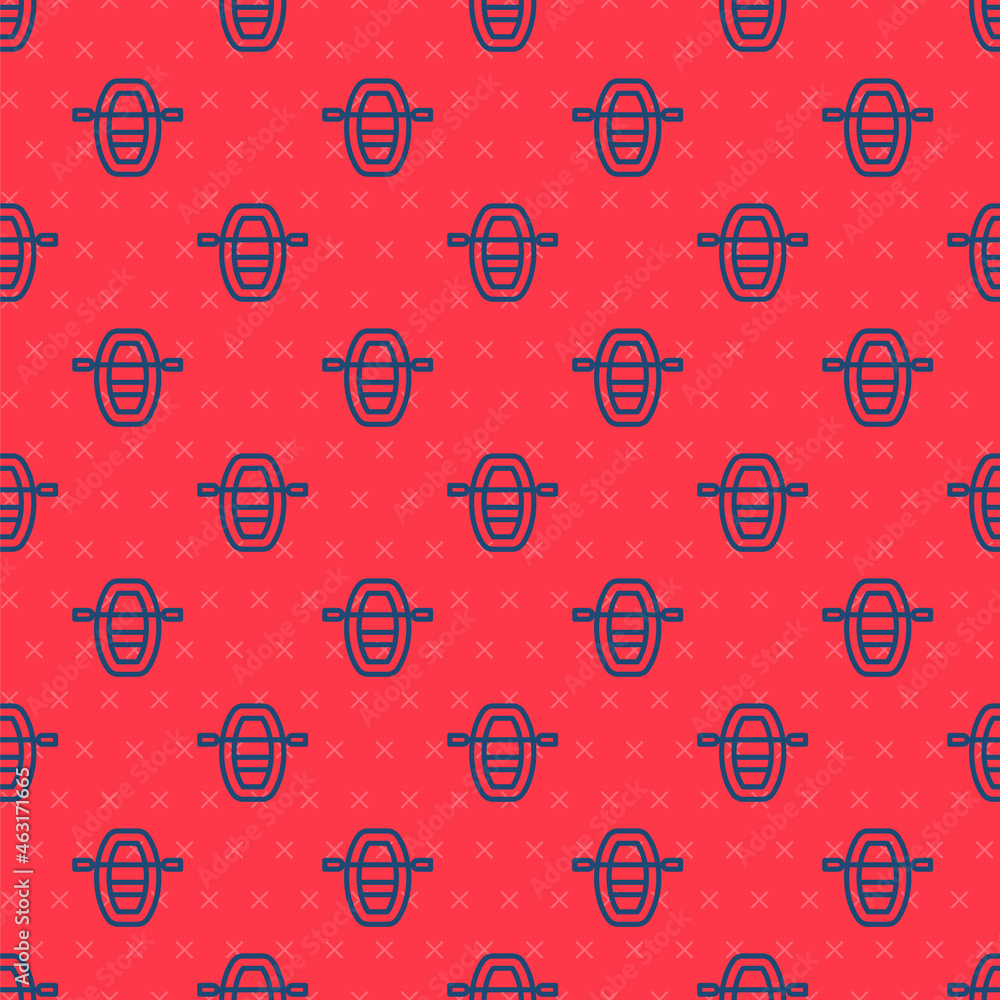 Blue line Boat with oars icon isolated seamless pattern on red background. Water sports, extreme sports, holiday, vacation, team building. Vector Blue line Boat with oars icon isolated seamless pattern on red background. Water sports, extreme sports, holiday, vacation, team building. Vector