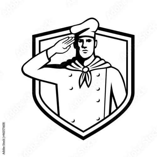 Retro style illustration of a culinary specialist, military chef or cook saluting viewed from front set inside  crest or shield on isolated white background done in black and white.