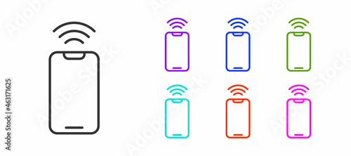 Black line Smartphone with free wi-fi wireless connection icon isolated on white background. Wireless technology, wi-fi connection, wireless network. Set icons colorful. Vector