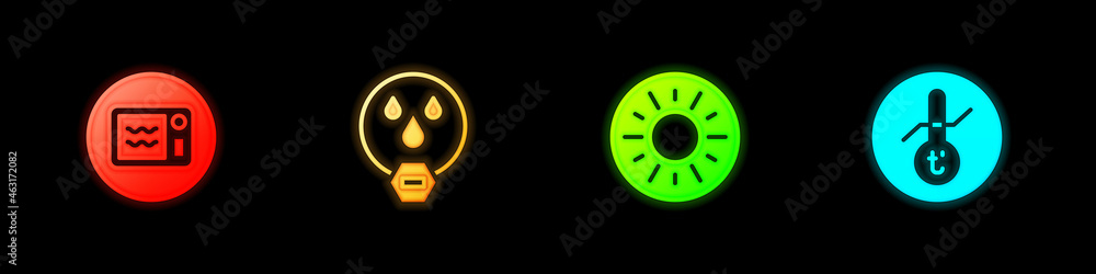 Set Microwave oven, Water drop forbidden, Sun and Meteorology thermometer icon. Vector Set Microwave oven, Water drop forbidden, Sun and Meteorology thermometer icon. Vector