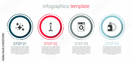 Set Home cleaning service, Vacuum cleaner, Washer and Dishwashing liquid bottle. Business infographic template. Vector