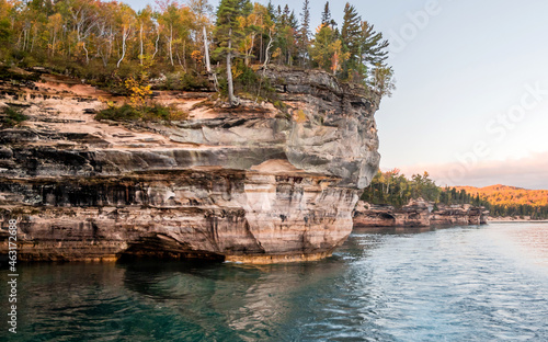 Pictured Rocks along the shore of Lake Superior on autumn under sunset