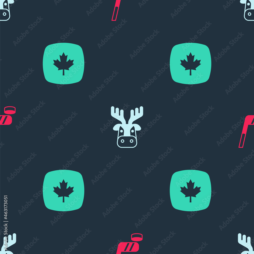 Set Ice hockey stick and puck, Deer head with antlers and Canadian maple leaf on seamless pattern. Vector