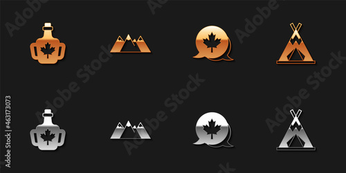 Set Bottle of maple syrup, Mountains, Canadian leaf and Indian teepee or wigwam icon. Vector