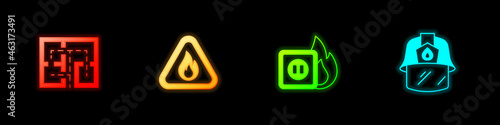 Set Evacuation plan, Fire flame in triangle, Electric wiring of socket fire and Firefighter helmet icon. Vector