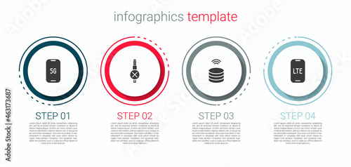 Set Mobile with 5G, No audio jack, Smart data server and LTE network. Business infographic template. Vector