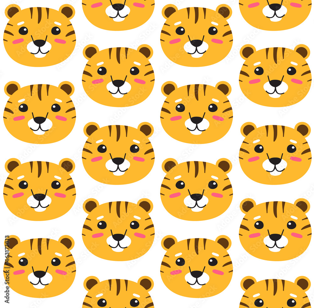 Fototapeta premium Vector seamless pattern of flat cartoon hand drawn tiger face head isolated on white background