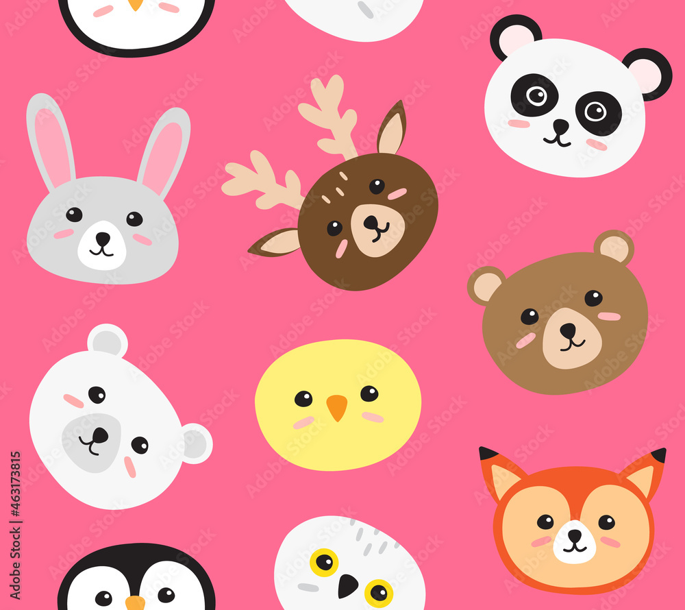 Fototapeta premium Vector seamless pattern of flat cartoon animal face head isolated on pink background