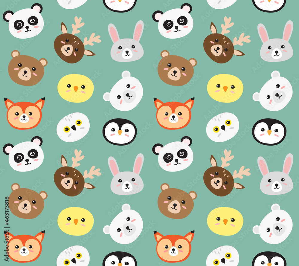 Obraz premium Vector seamless pattern of flat cartoon animal face head isolated on mint background
