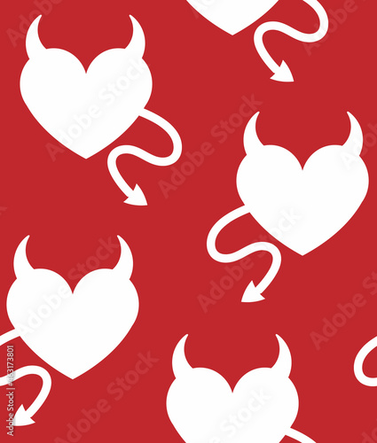 Vector seamless pattern of flat heart with devil horns and tail isolated on red background