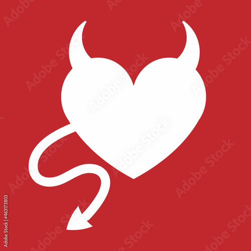 Vector flat heart with devil horns and tail isolated on red background