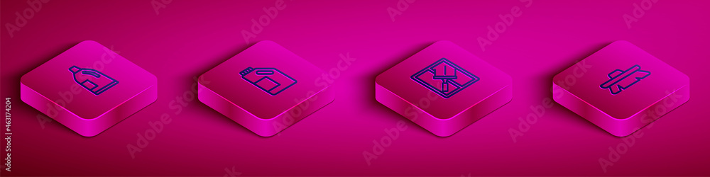 Set Isometric line Bottle for cleaning agent, , Rubber cleaner windows and Brush icon. Vector Set Isometric line Bottle for cleaning agent, , Rubber cleaner windows and Brush icon. Vector